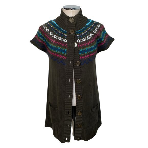 Style & Co Chocolate Brown Fair Isle Knit Short Sleeve Cardigan Sweater M NWT - Picture 1 of 8
